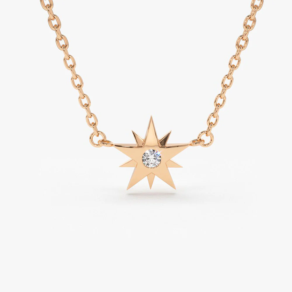 14K Rose Gold Single Diamond Star Necklace