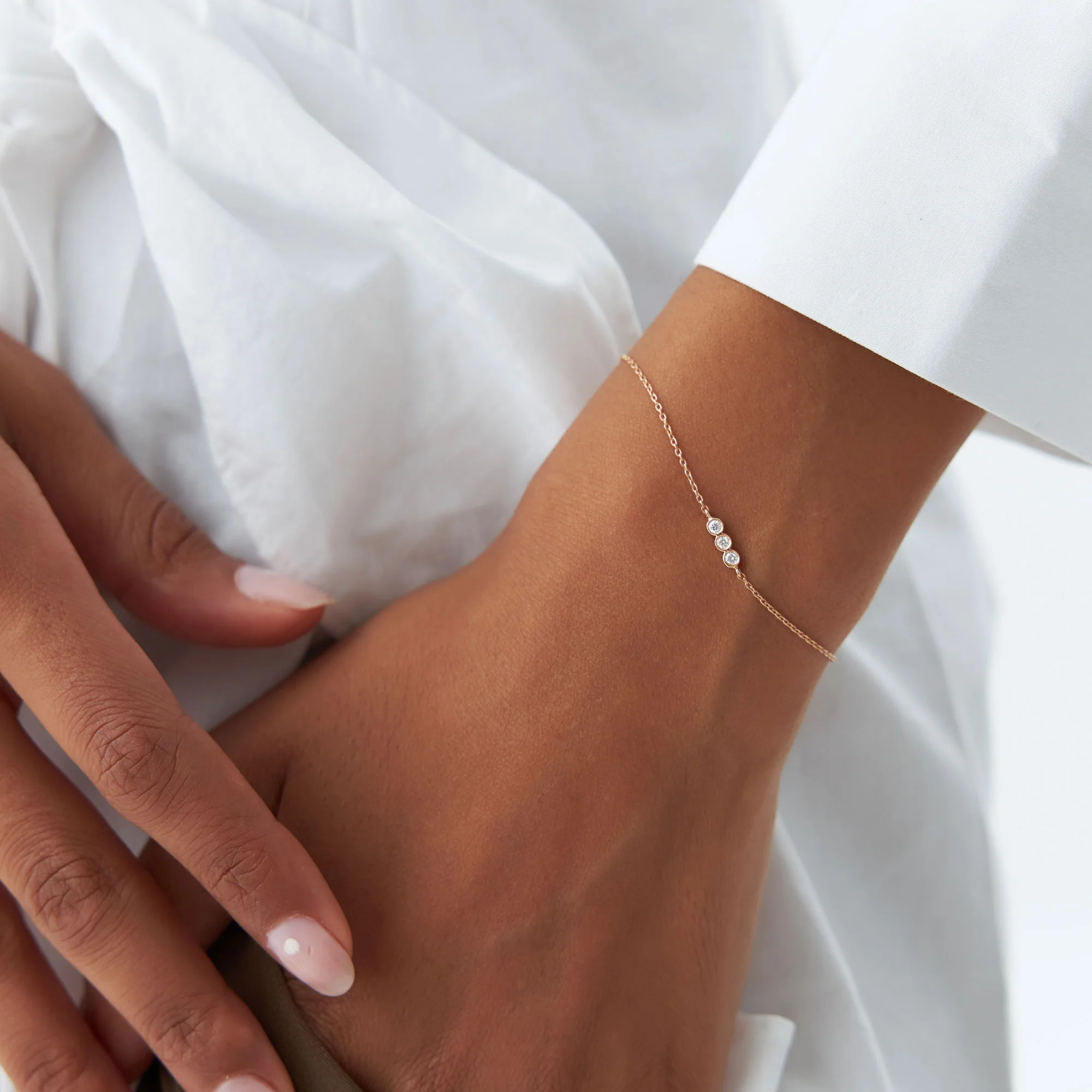 14K Rose Gold Trio Diamond Bracelet with Thin Chain - Image 3