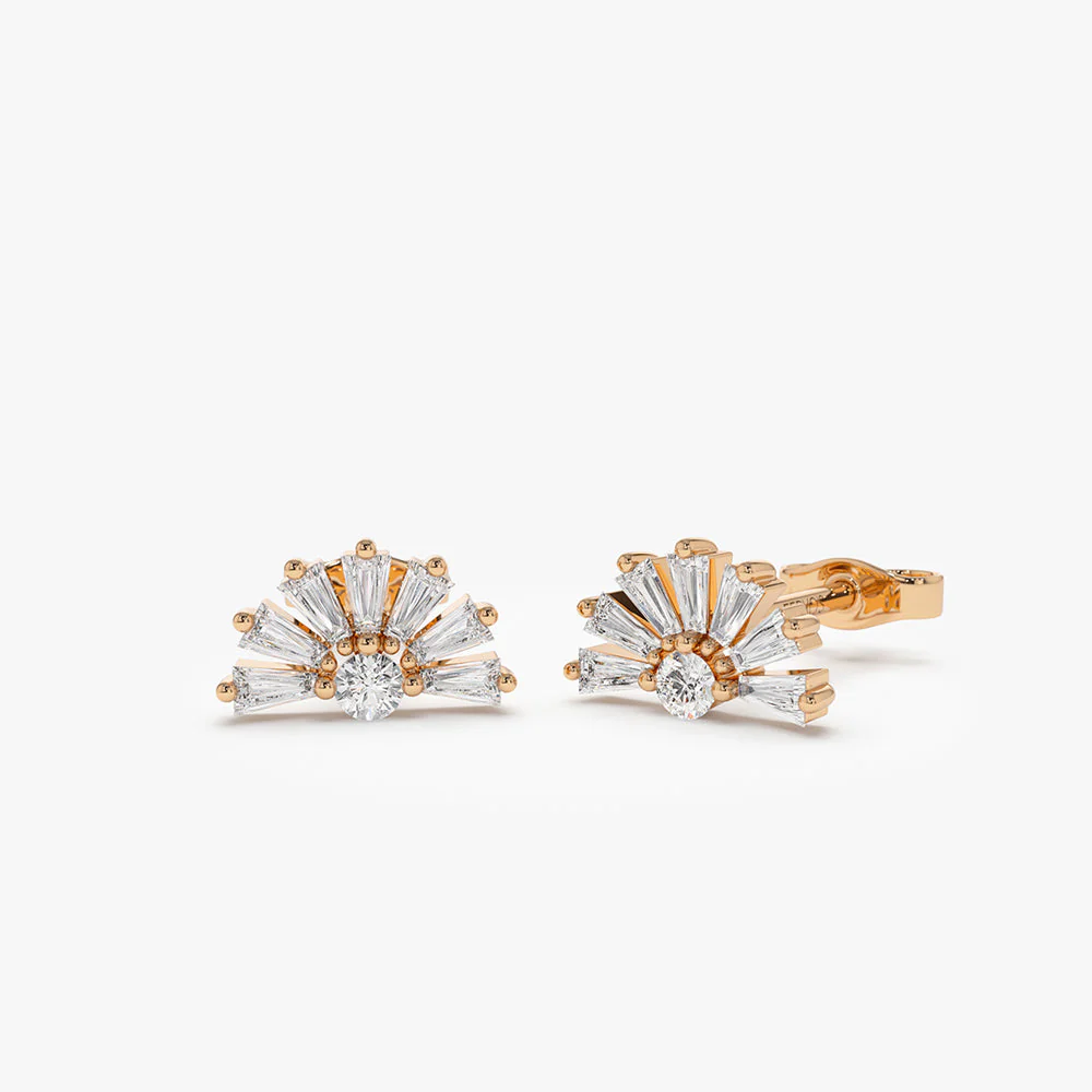 14k Rose Half Round Tapered Baguette Diamond Studs