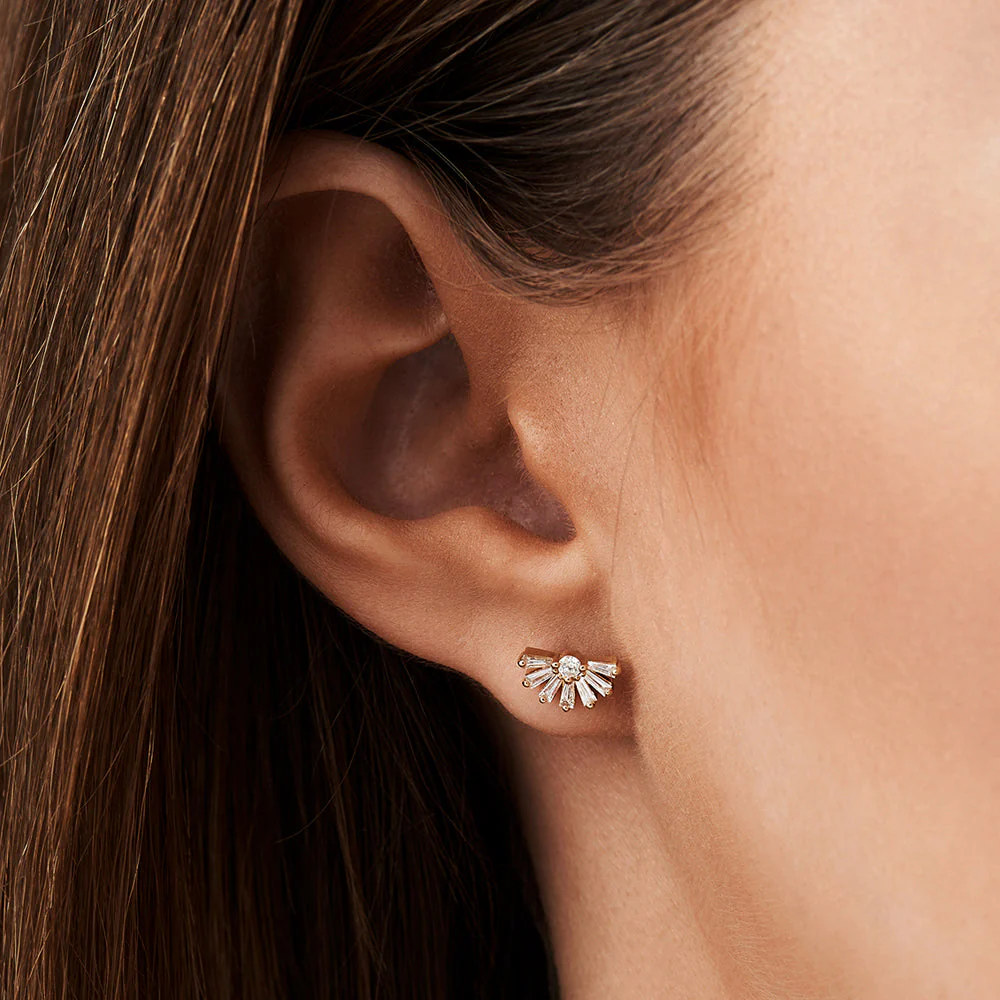 14k Rose Half Round Tapered Baguette Diamond Studs - Image 2