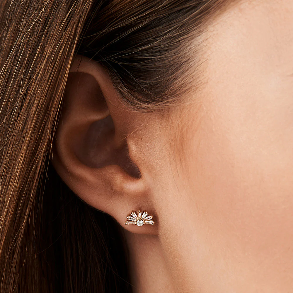 14k Rose Half Round Tapered Baguette Diamond Studs - Image 3