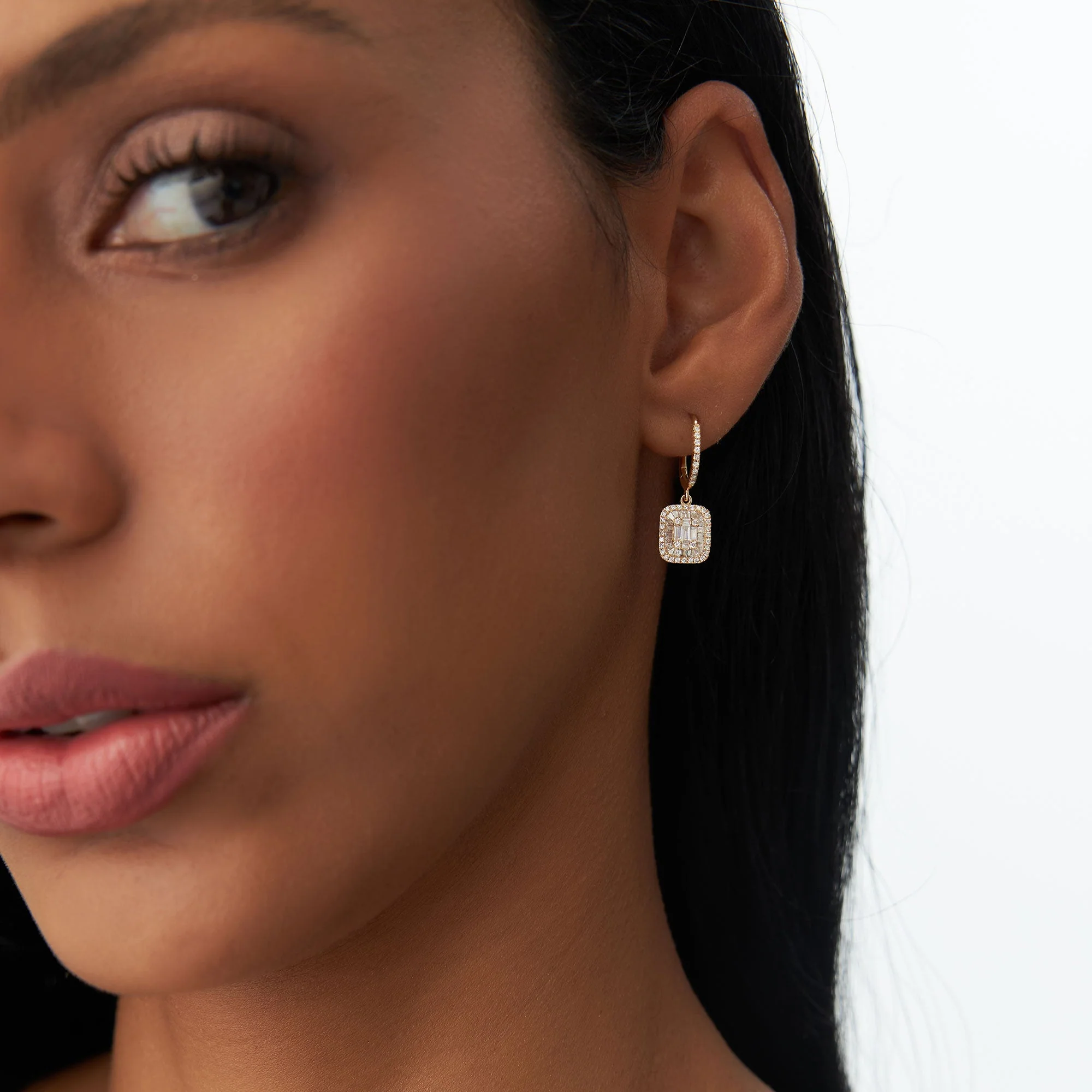 14k Rose Illusion Setting Baguette Diamond Dangling Hoop Earrings - Image 2