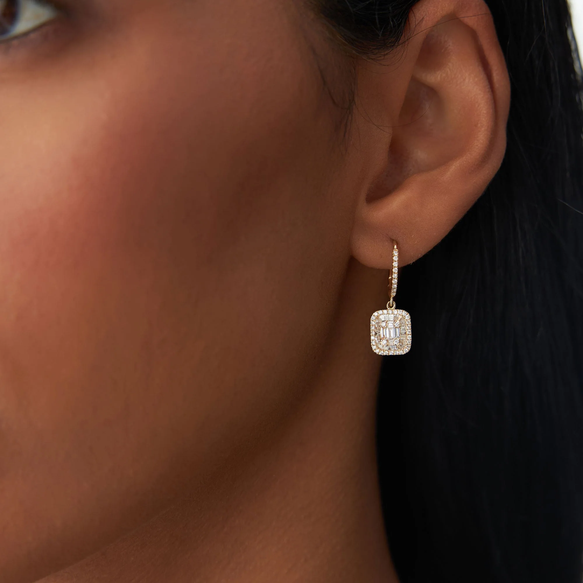 14k Rose Illusion Setting Baguette Diamond Dangling Hoop Earrings - Image 3