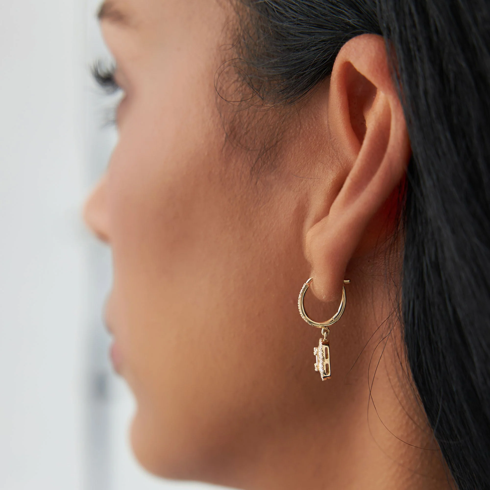 14k Rose Illusion Setting Baguette Diamond Dangling Hoop Earrings - Image 5