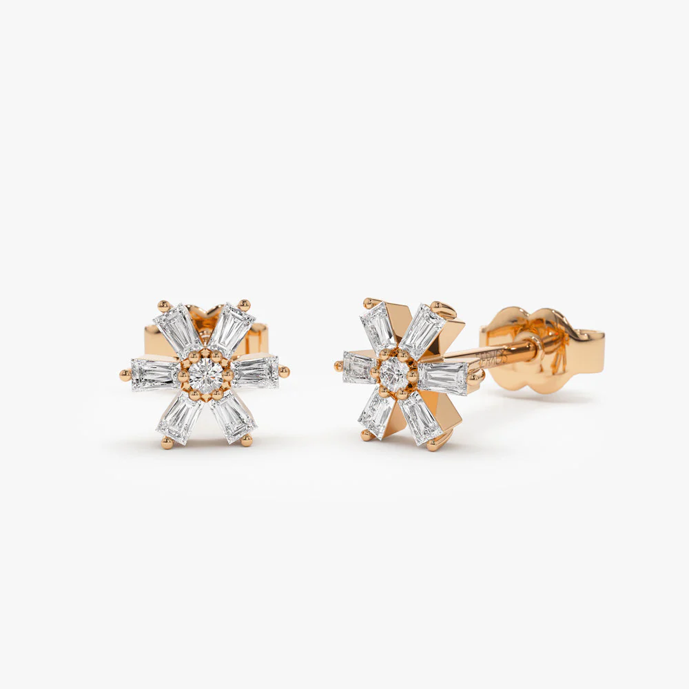 14k Rose Mini Flower Baguette Diamond Earrings