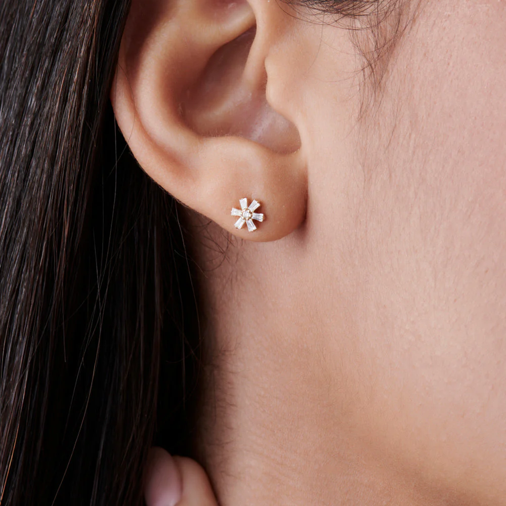 14k Rose Mini Flower Baguette Diamond Earrings - Image 2