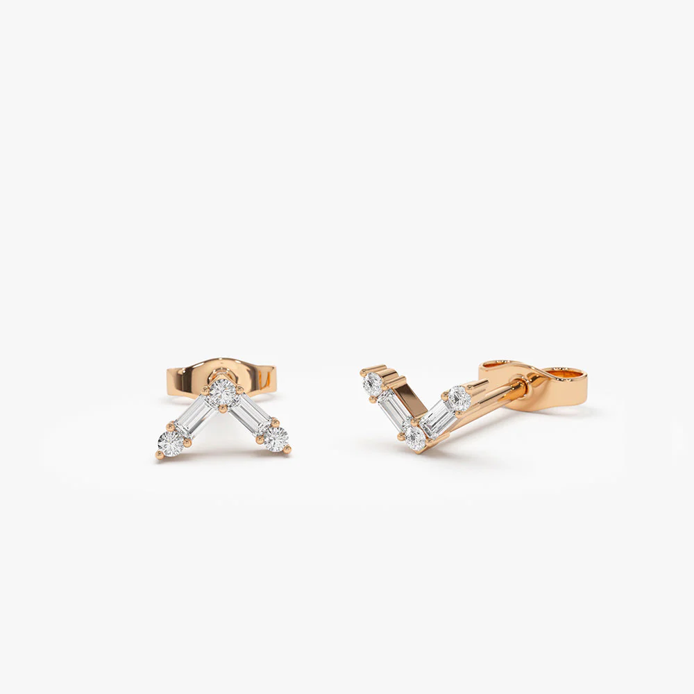 14k Rose Minimal Baguette and Round Diamond Earrings
