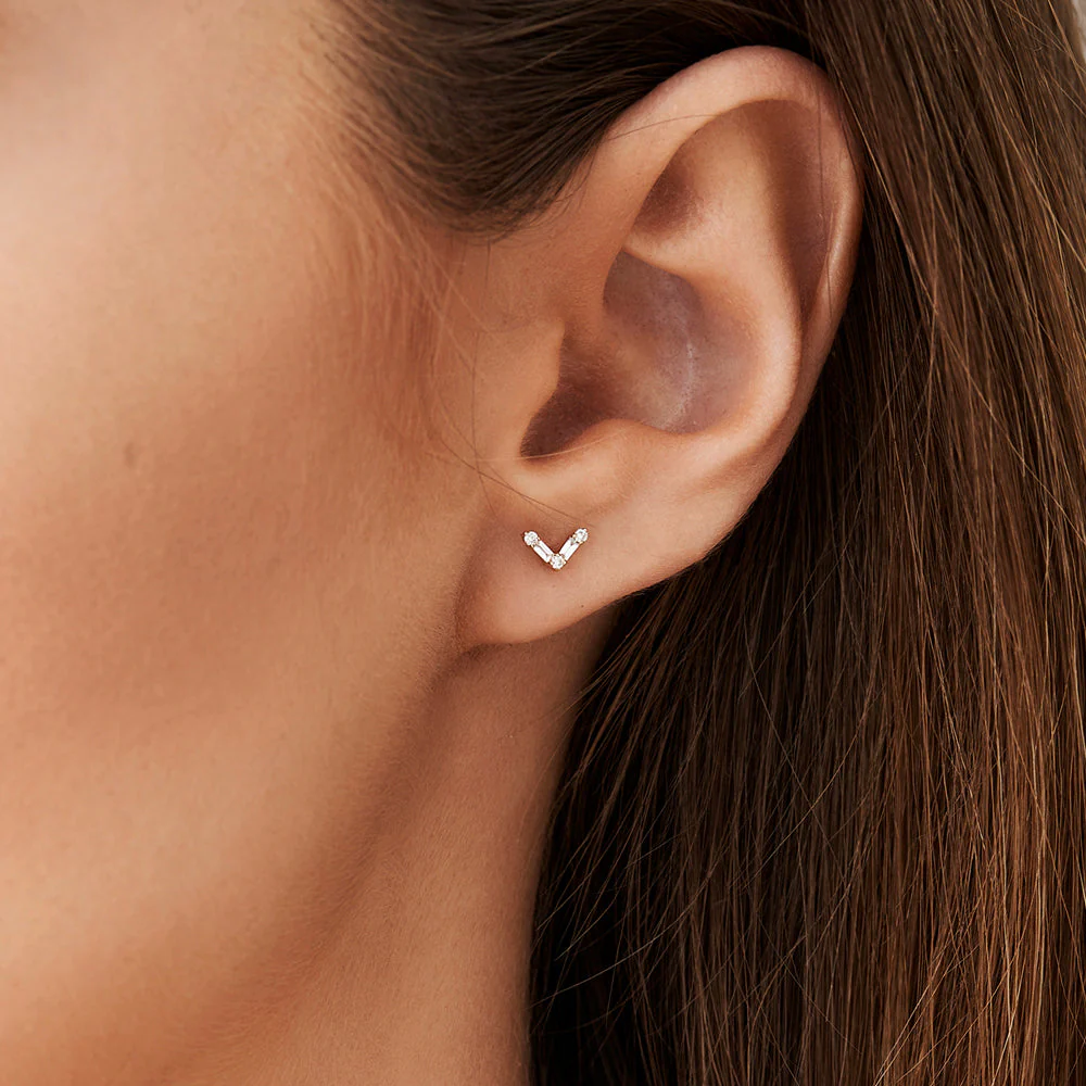 14k Rose Minimal Baguette and Round Diamond Earrings - Image 2