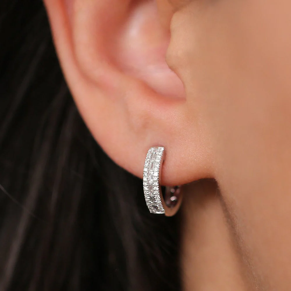 14K Rose Pave Diamonds and Baguette Hoop Earrings - Image 2
