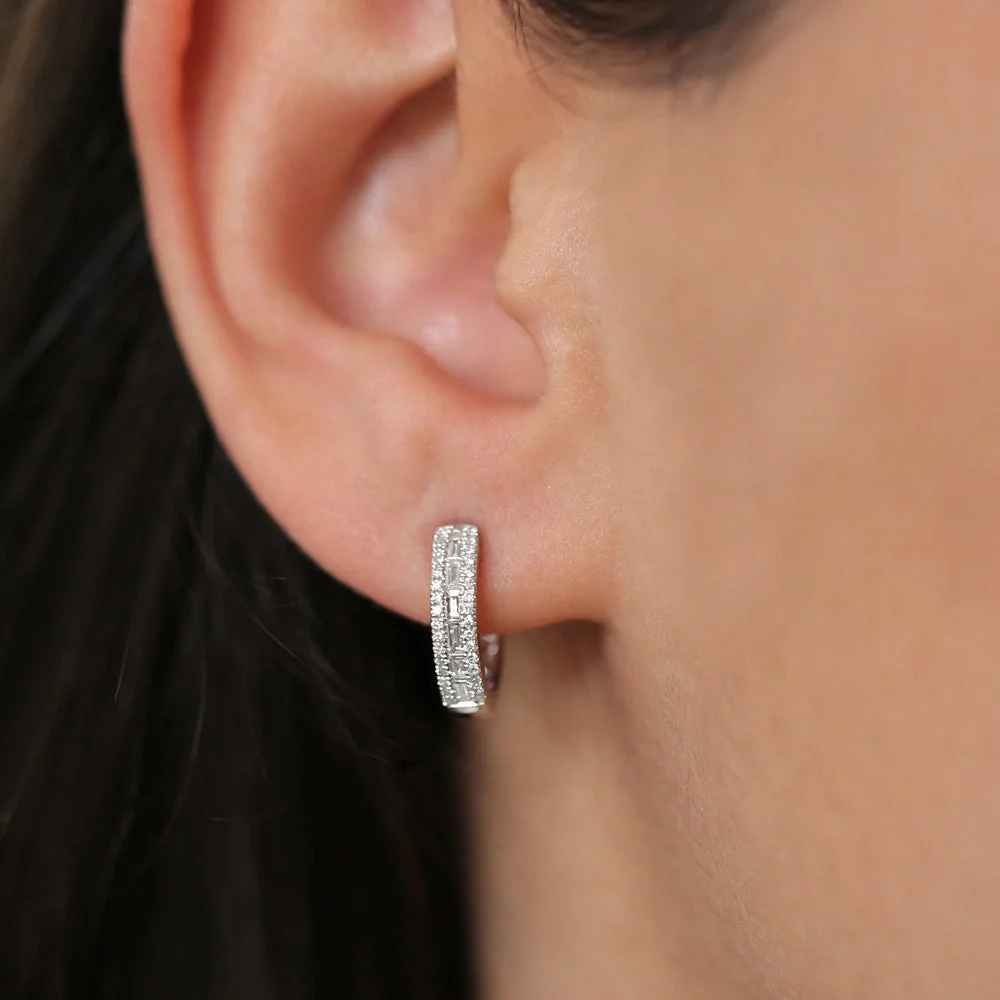 14K Rose Pave Diamonds and Baguette Hoop Earrings - Image 5