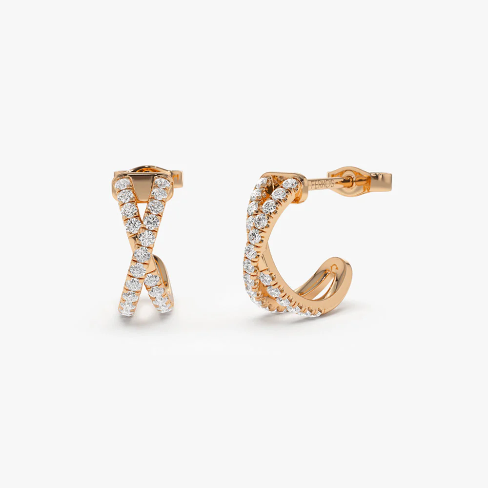 14k Rose Solid Gold Criss Cross Pave Diamond Earrings