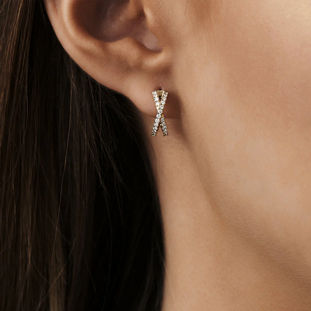 14k Rose Solid Gold Criss Cross Pave Diamond Earrings - Image 2
