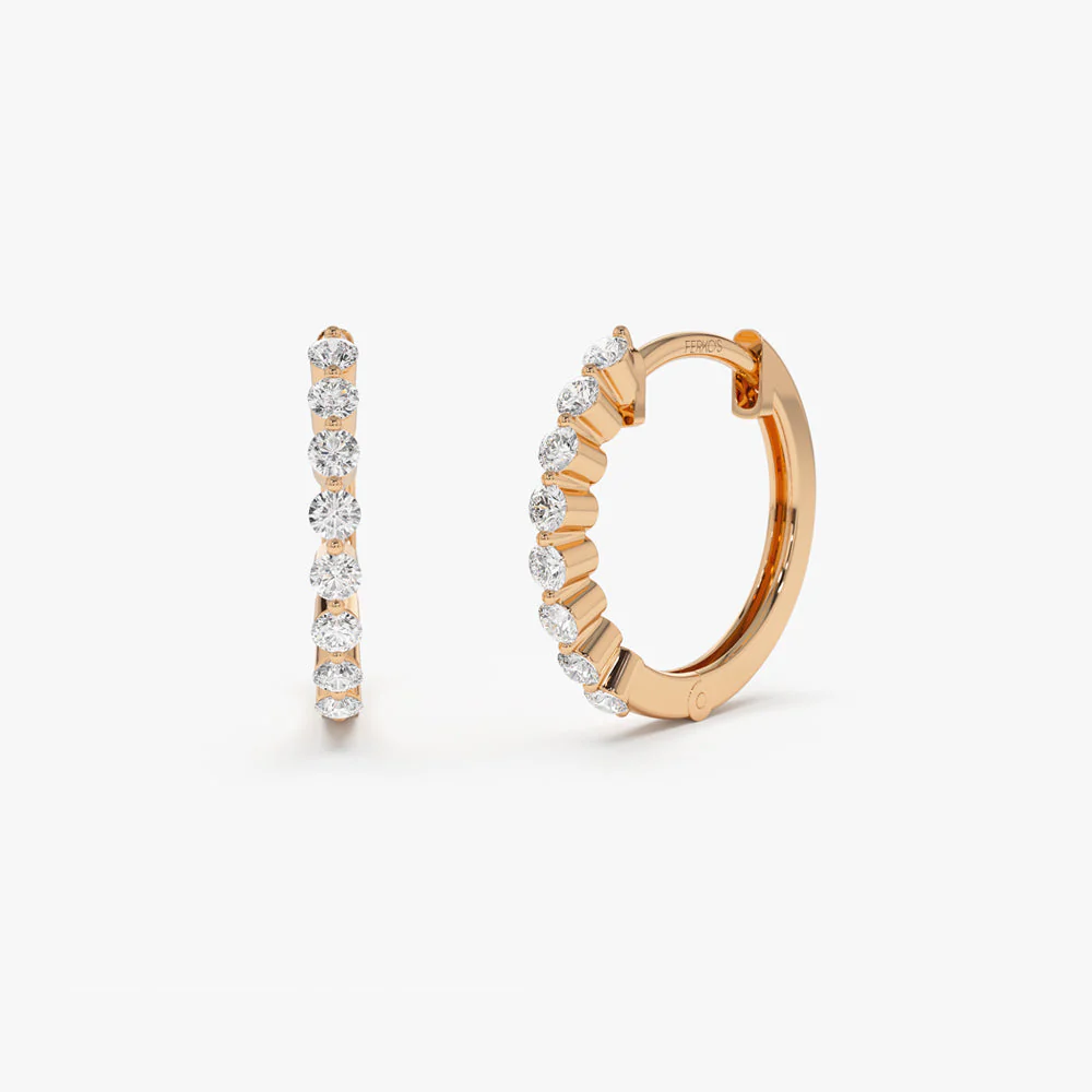 14k Rose Solid Gold Shared Prong Diamond Hoop Earrings