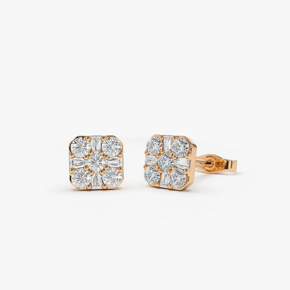 14k Rose Square Baguette and Round Diamond Earrings