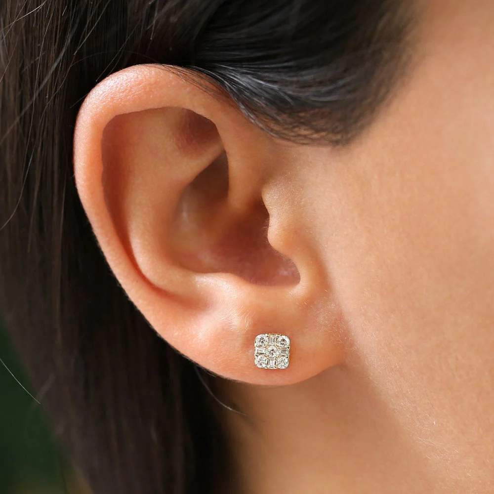 14k Rose Square Baguette and Round Diamond Earrings - Image 2