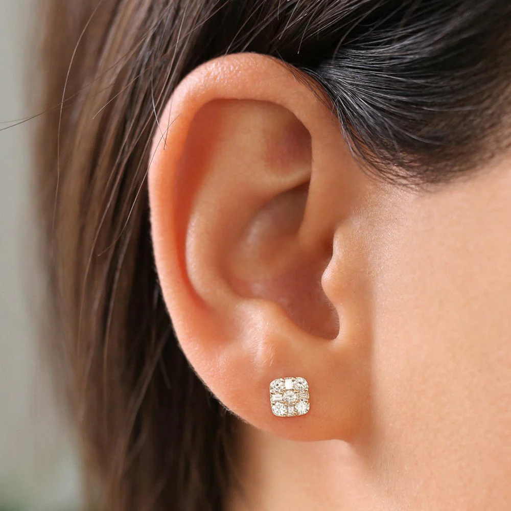 14k Rose Square Baguette and Round Diamond Earrings - Image 3