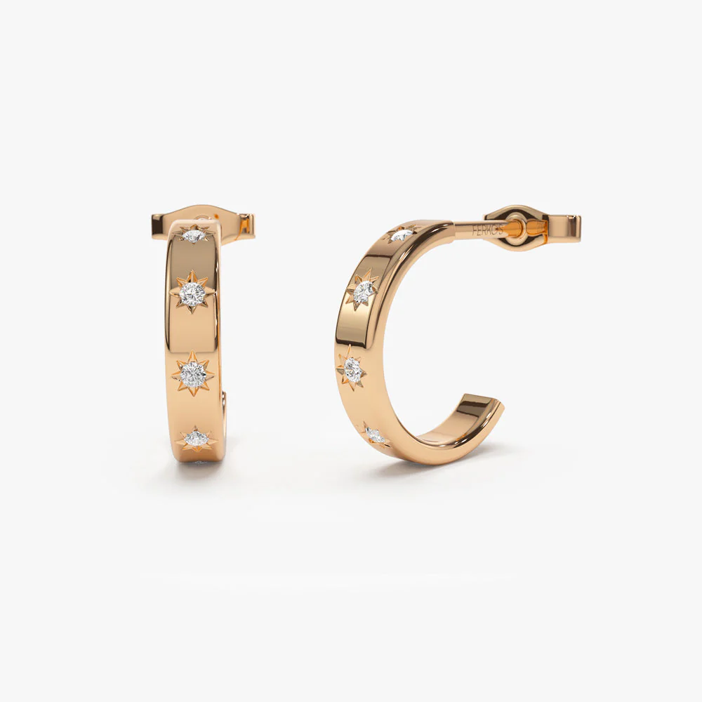14k Rose Starsetting Minimal Diamond Hoops