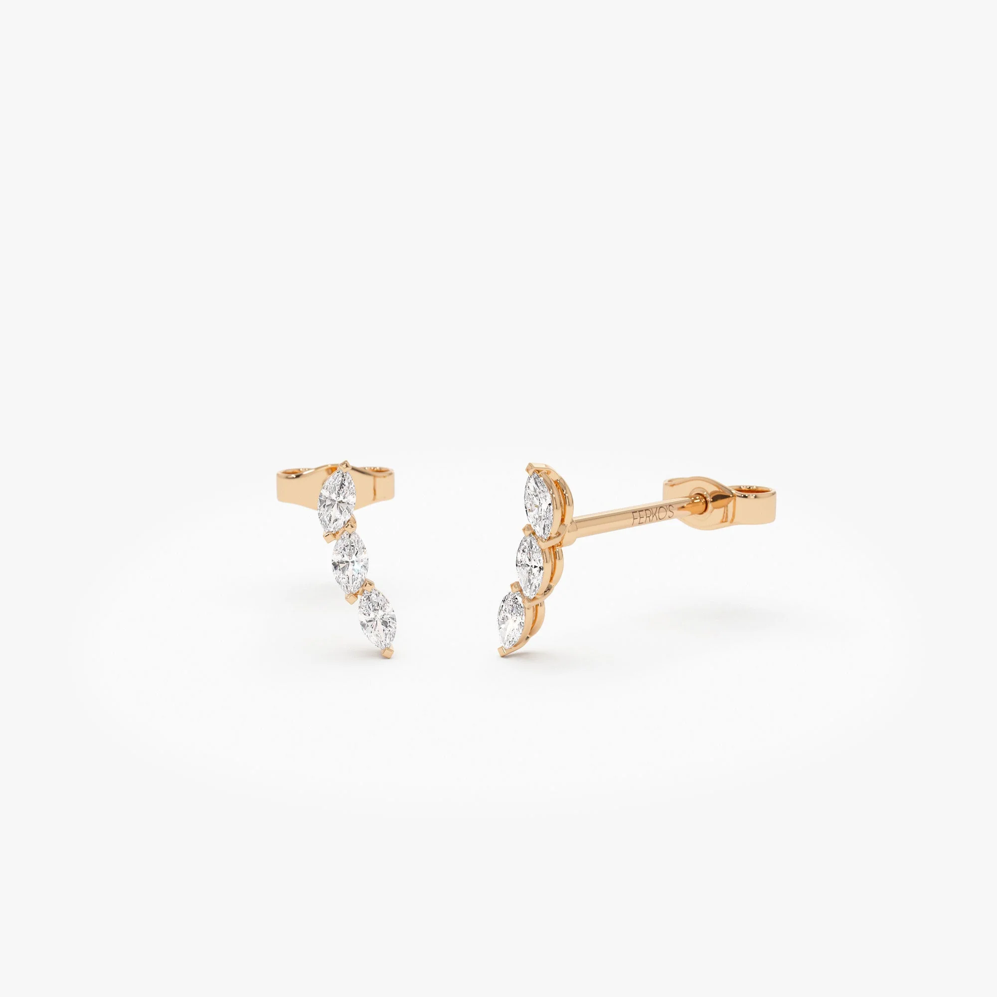 14k Rose Three Stone Marquise Shaped Diamond Studs