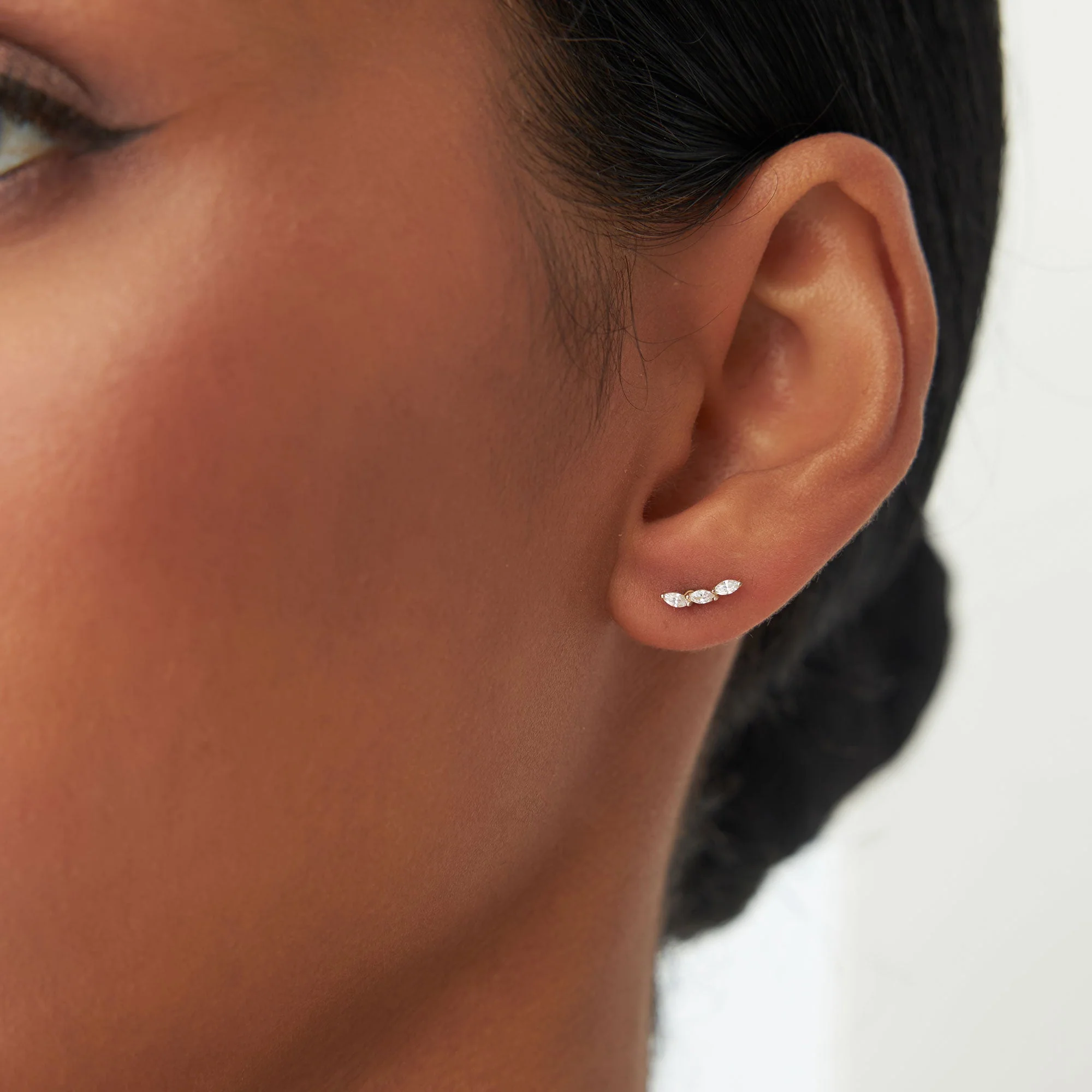 14k Rose Three Stone Marquise Shaped Diamond Studs - Image 2