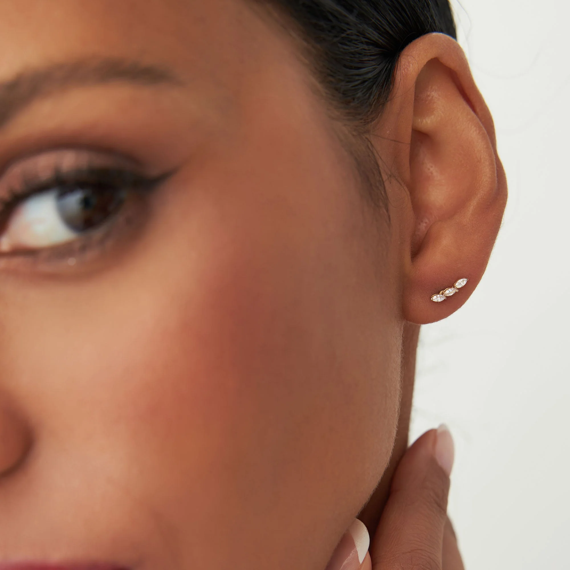 14k Rose Three Stone Marquise Shaped Diamond Studs - Image 3