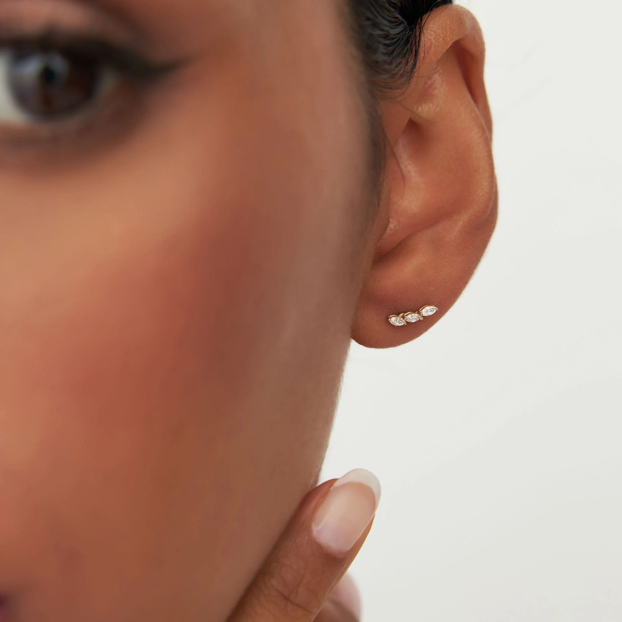 14k Rose Three Stone Marquise Shaped Diamond Studs - Image 4