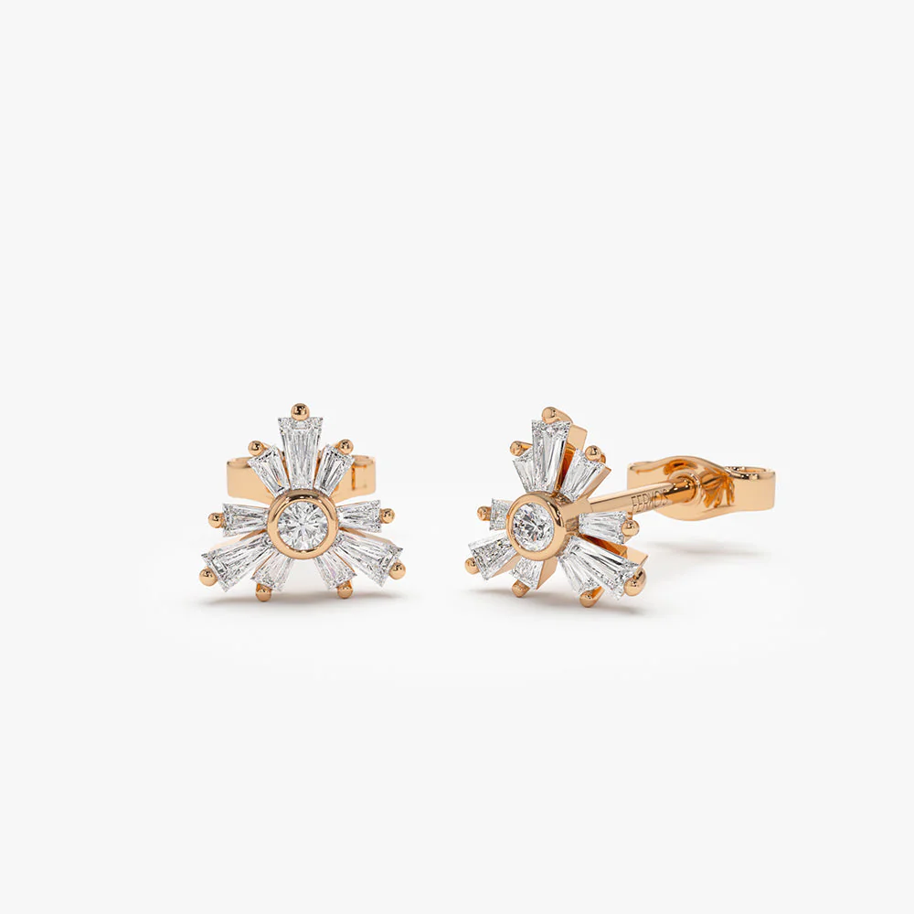 14k Rose Triangle Shaped Tapered Baguette Diamond Stud