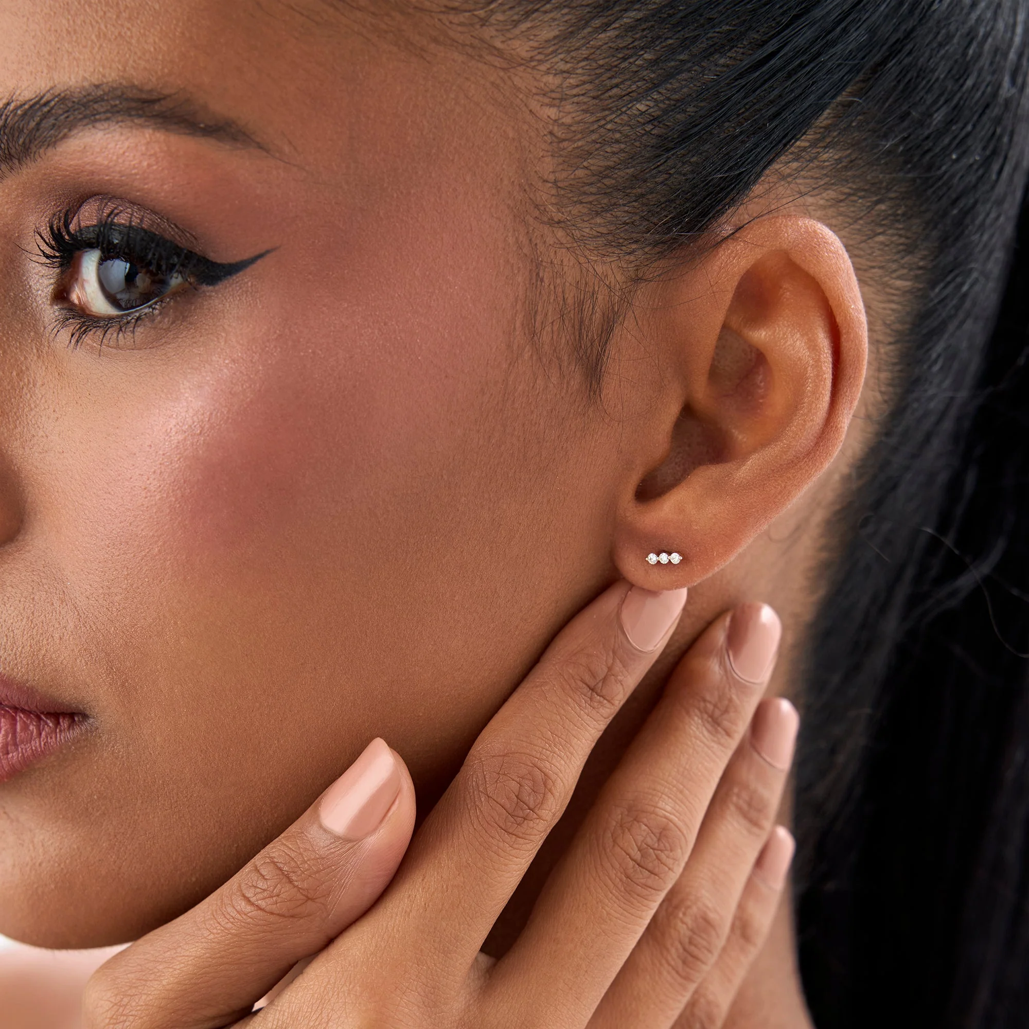 14K Rose Triple Diamond Bar Stud Earrings - Image 4