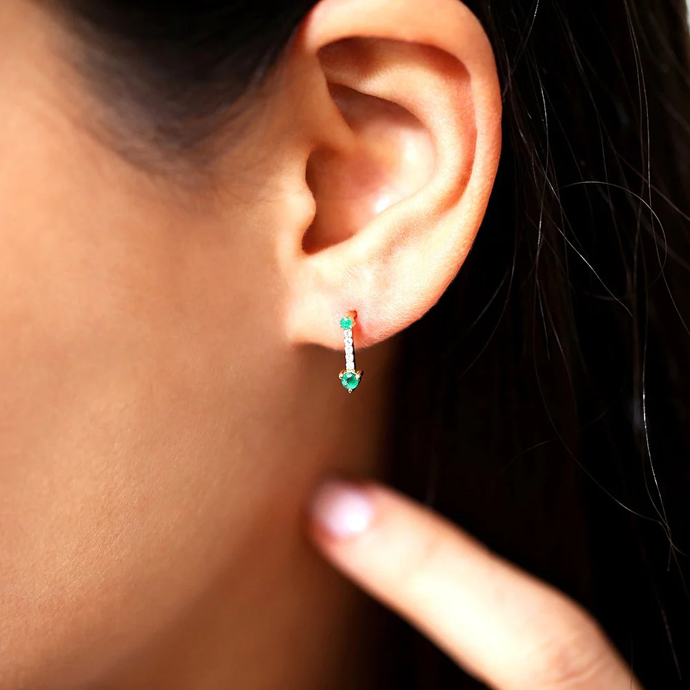 14K Gold Round Emerald and Diamond Earrings - Image 2