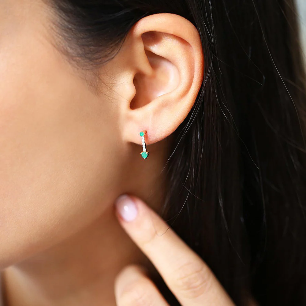 14K Gold Round Emerald and Diamond Earrings - Image 3