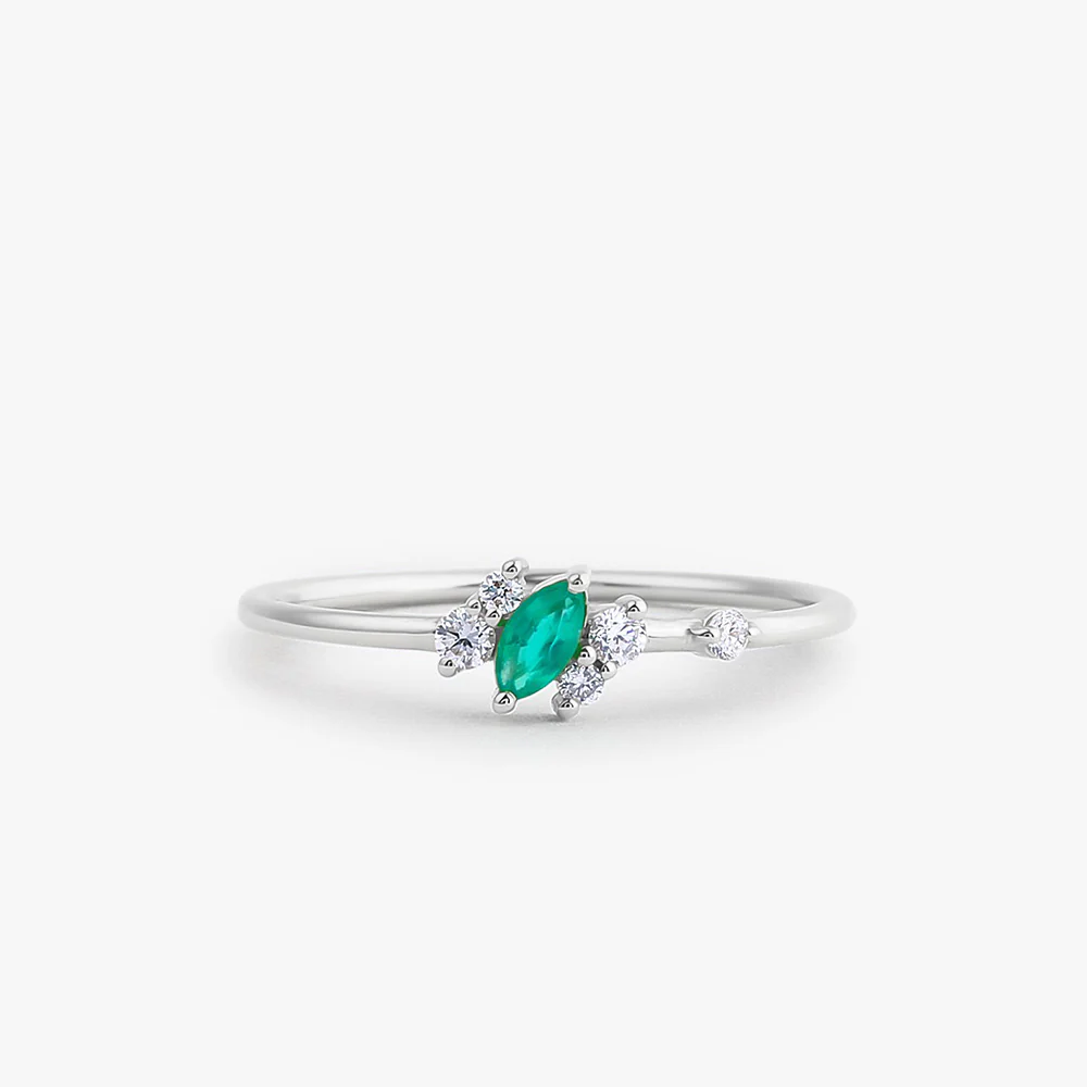 14k Slanted Marquise Emerald and Diamond Ring - Image 3