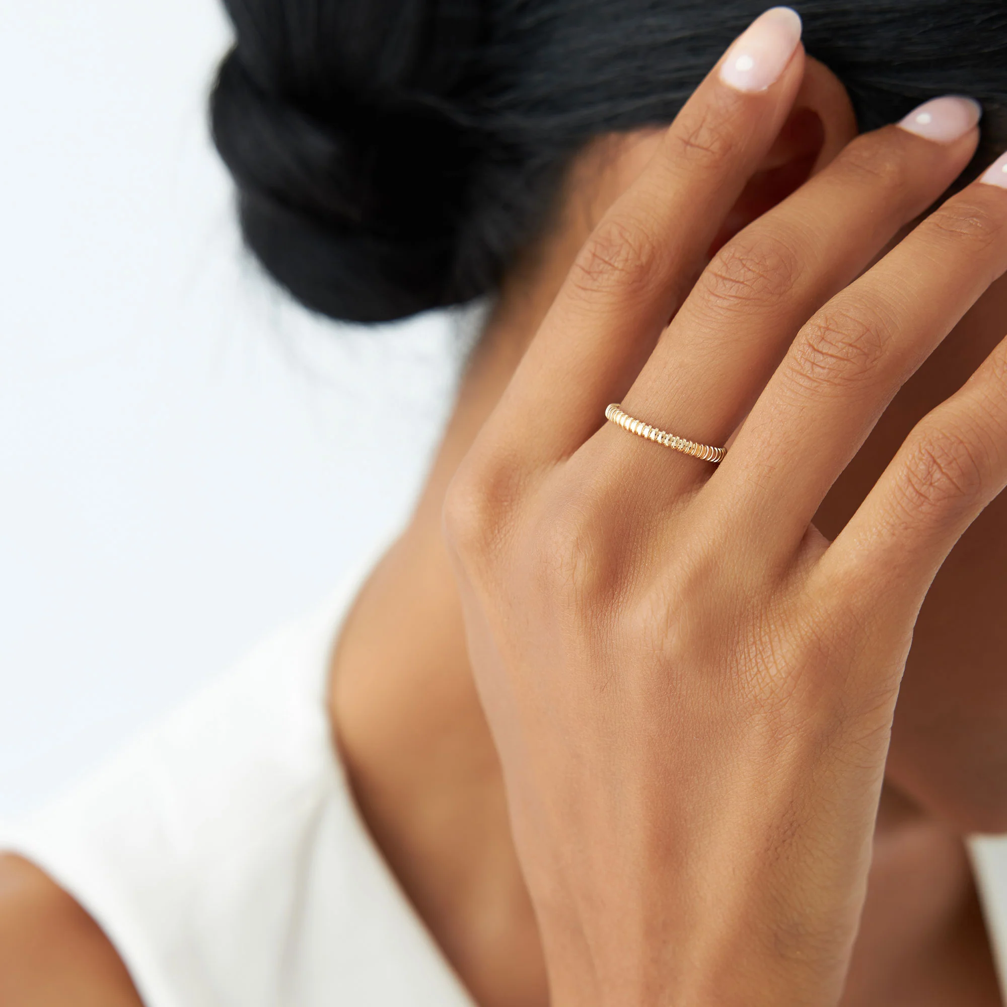 14K Stackable Ribbed Wedding Band - Image 4