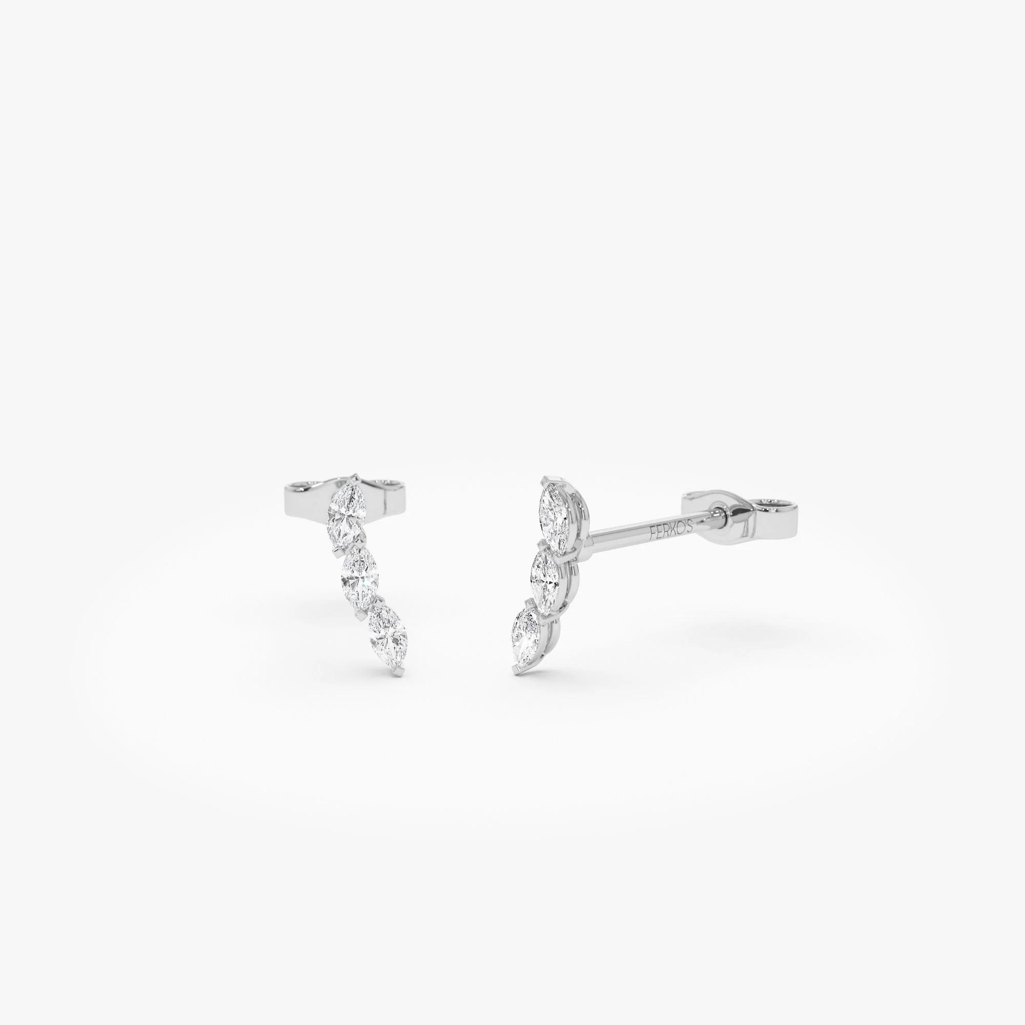 14k Three Stone Marquise Shaped Diamond Studs - Image 6