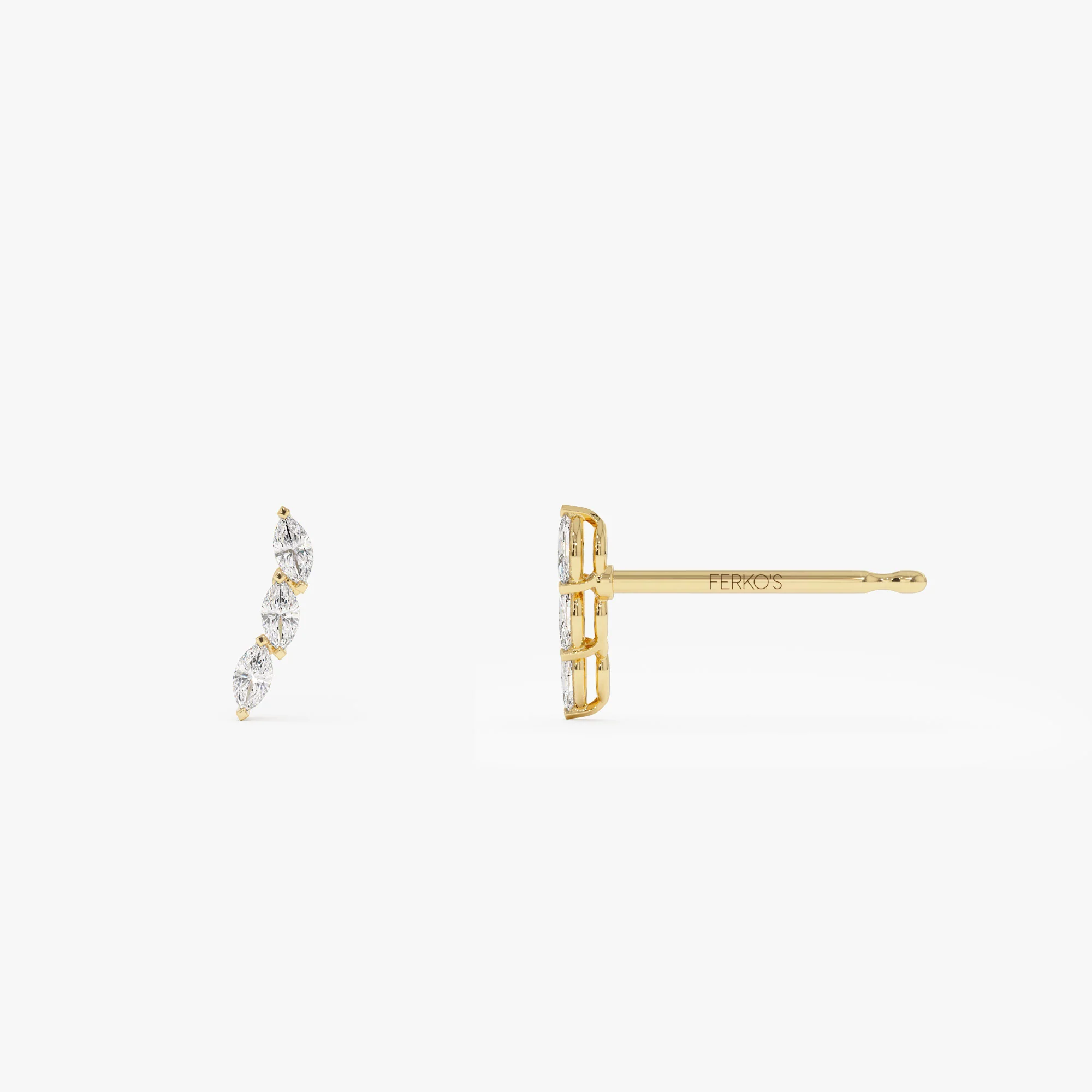 14k Three Stone Marquise Shaped Diamond Studs - Image 7
