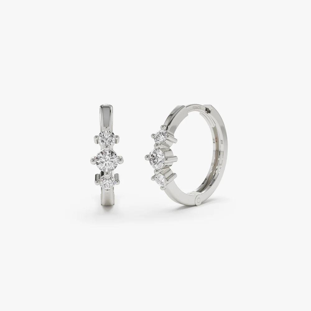14k Three Stone Mini Diamond Huggies - Image 7