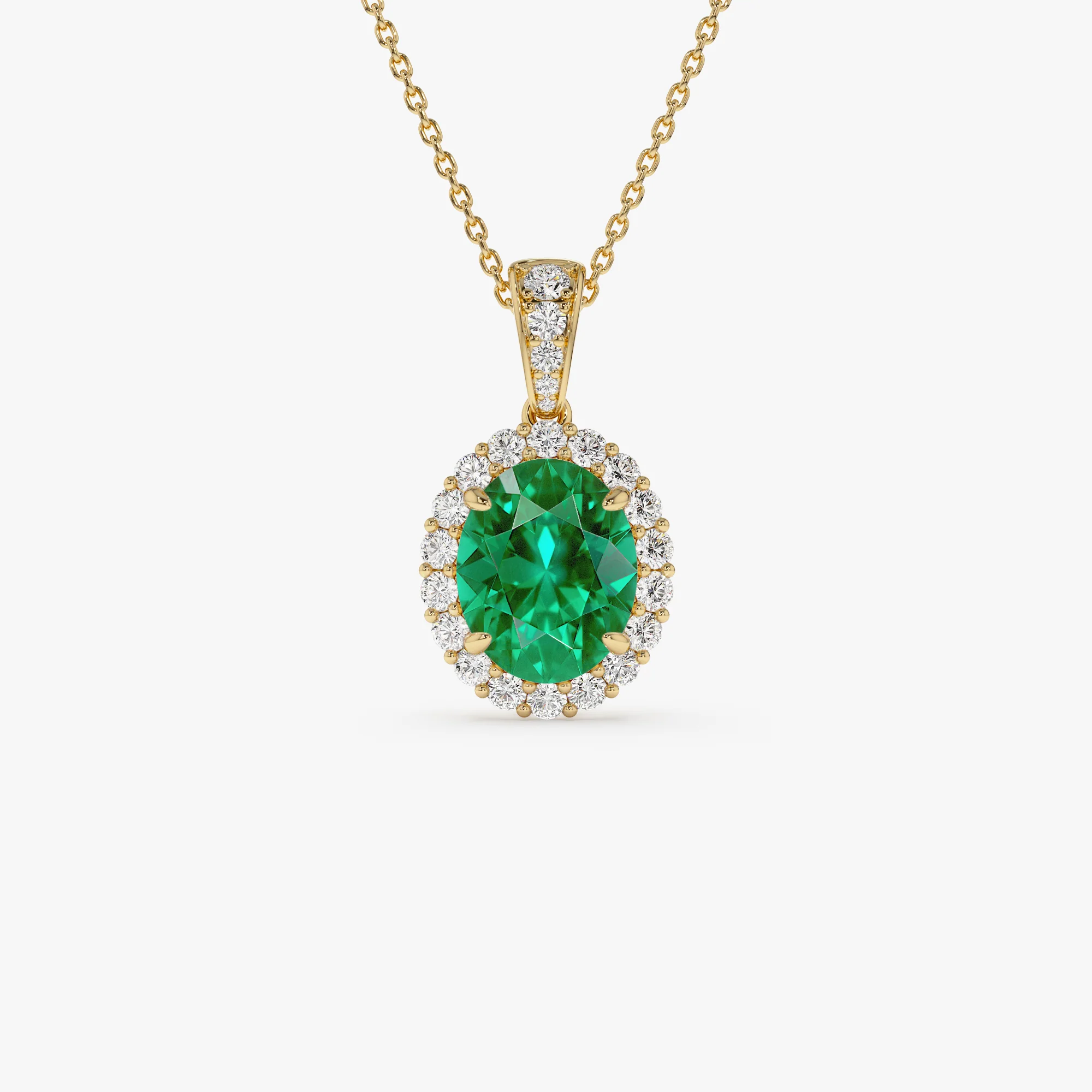 3.60 Ctw 14k Lab Grown Colombian Emerald and Diamond Halo Pendant Necklace - Aura