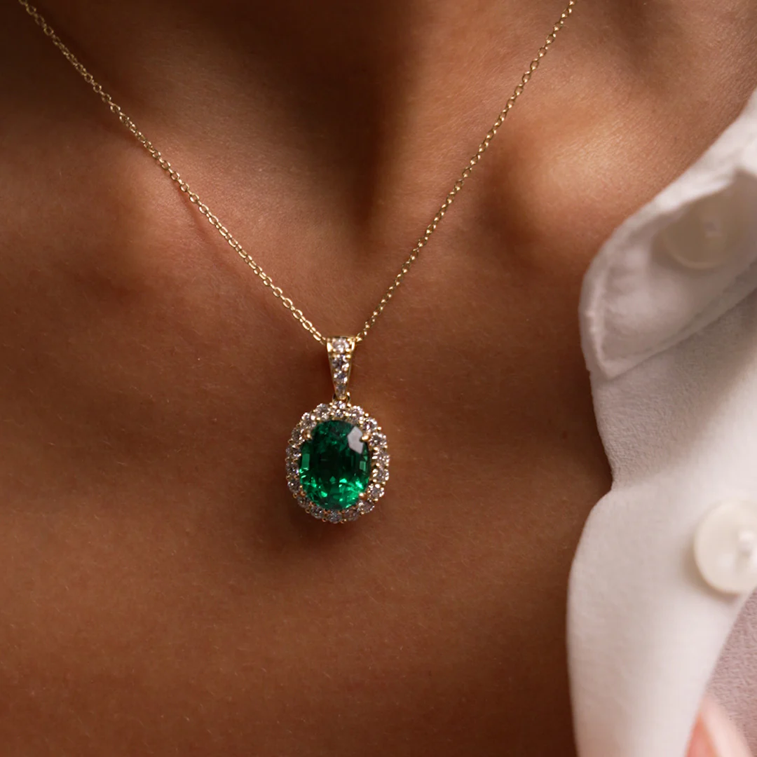 3.60 Ctw 14k Lab Grown Colombian Emerald and Diamond Halo Pendant Necklace - Aura - Image 2