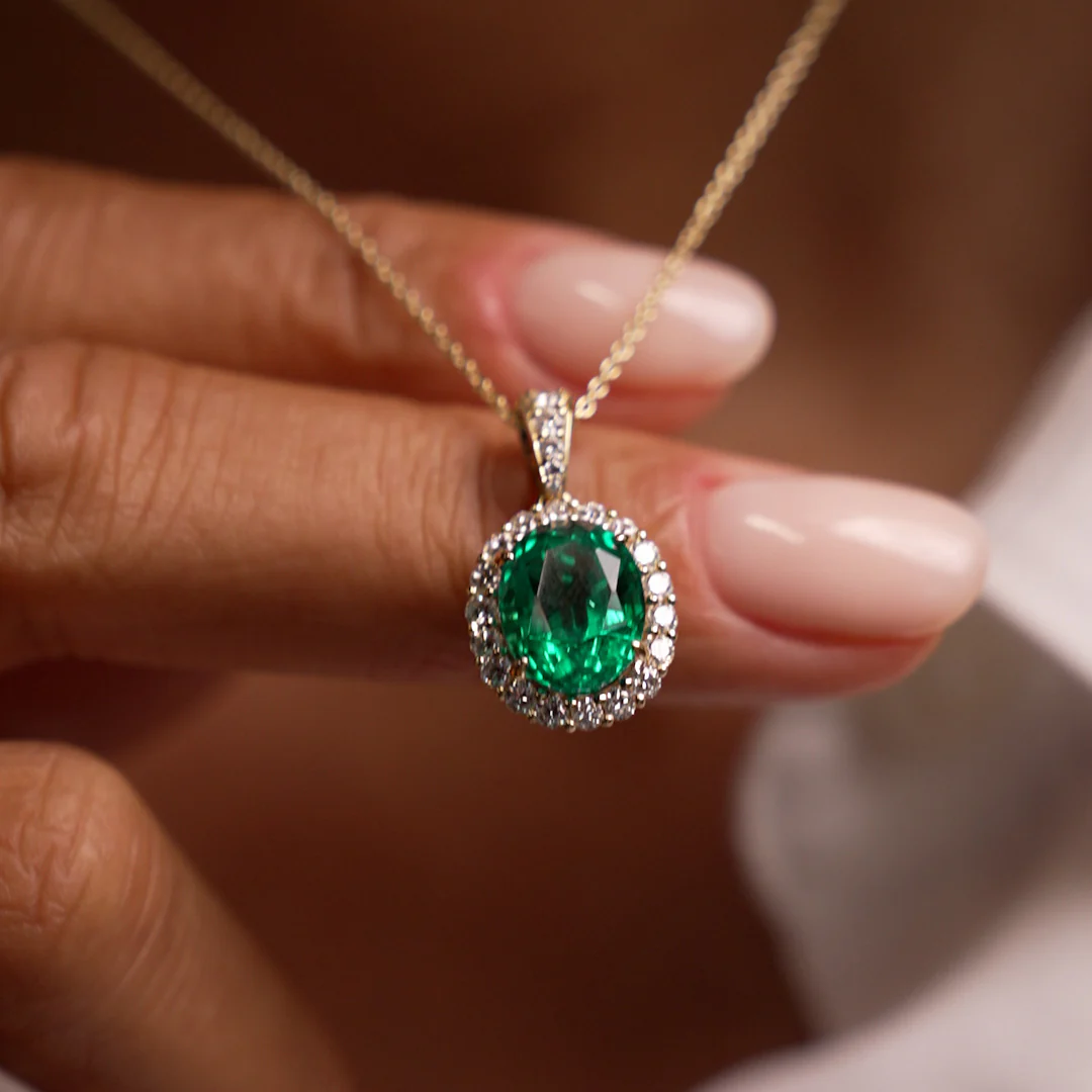 3.60 Ctw 14k Lab Grown Colombian Emerald and Diamond Halo Pendant Necklace - Aura - Image 3