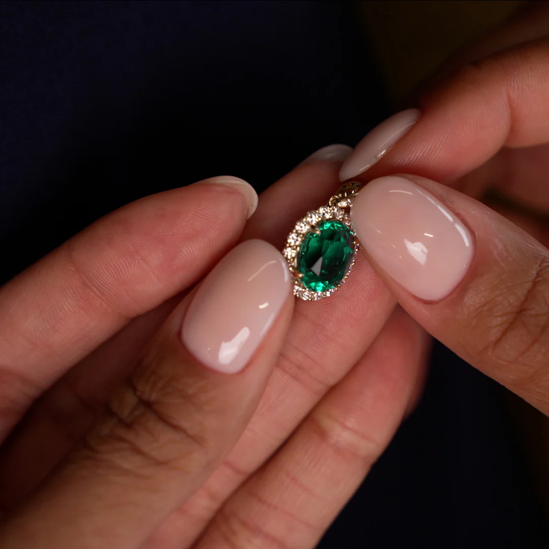 3.60 Ctw 14k Lab Grown Colombian Emerald and Diamond Halo Pendant Necklace - Aura - Image 4