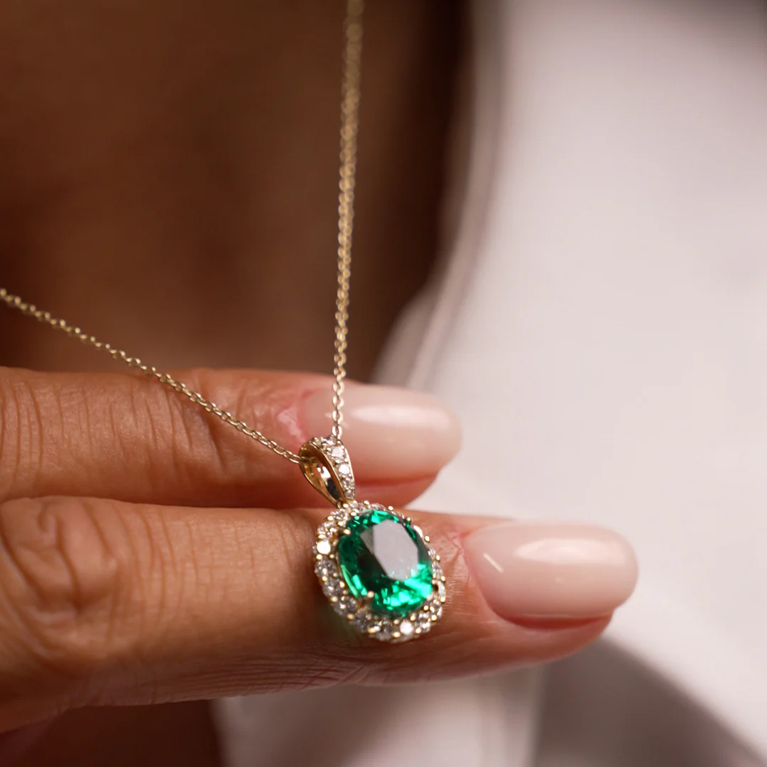 3.60 Ctw 14k Lab Grown Colombian Emerald and Diamond Halo Pendant Necklace - Aura - Image 5