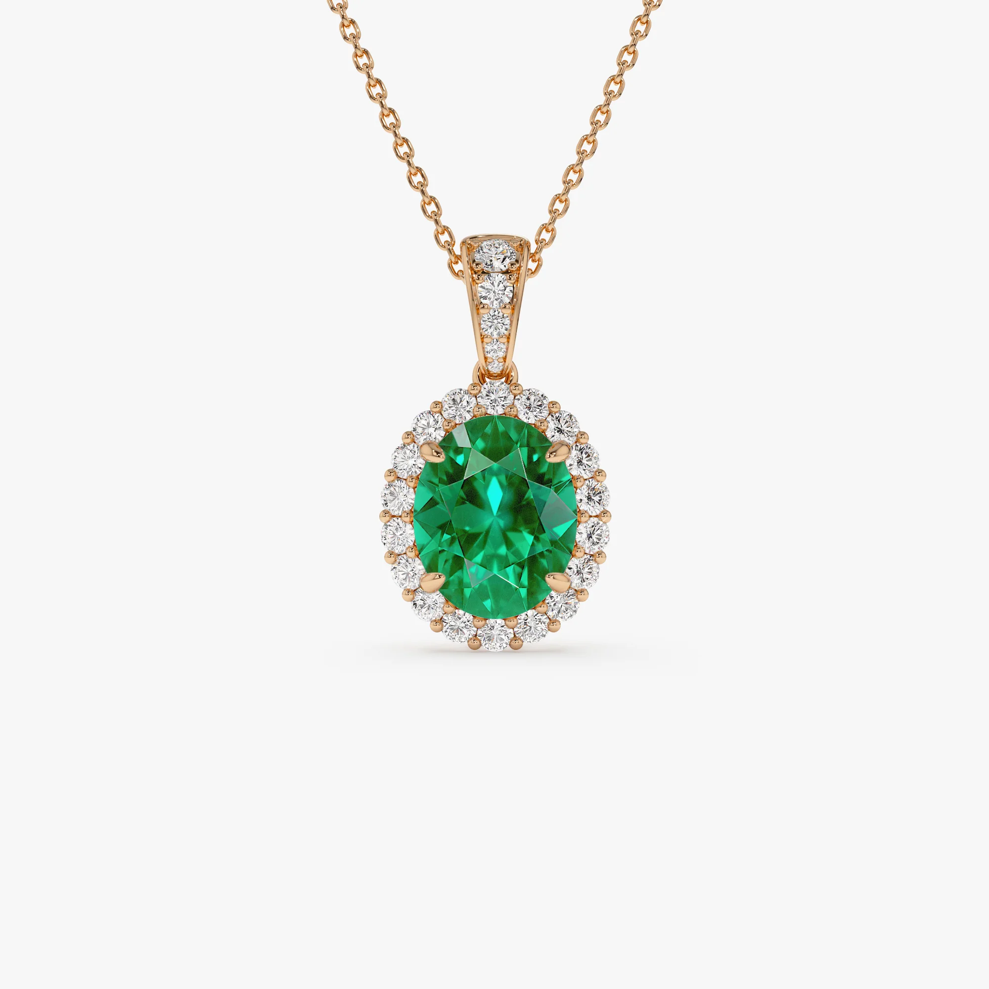 3.60 Ctw 14k Lab Grown Colombian Emerald and Diamond Halo Pendant Necklace - Aura - Image 6