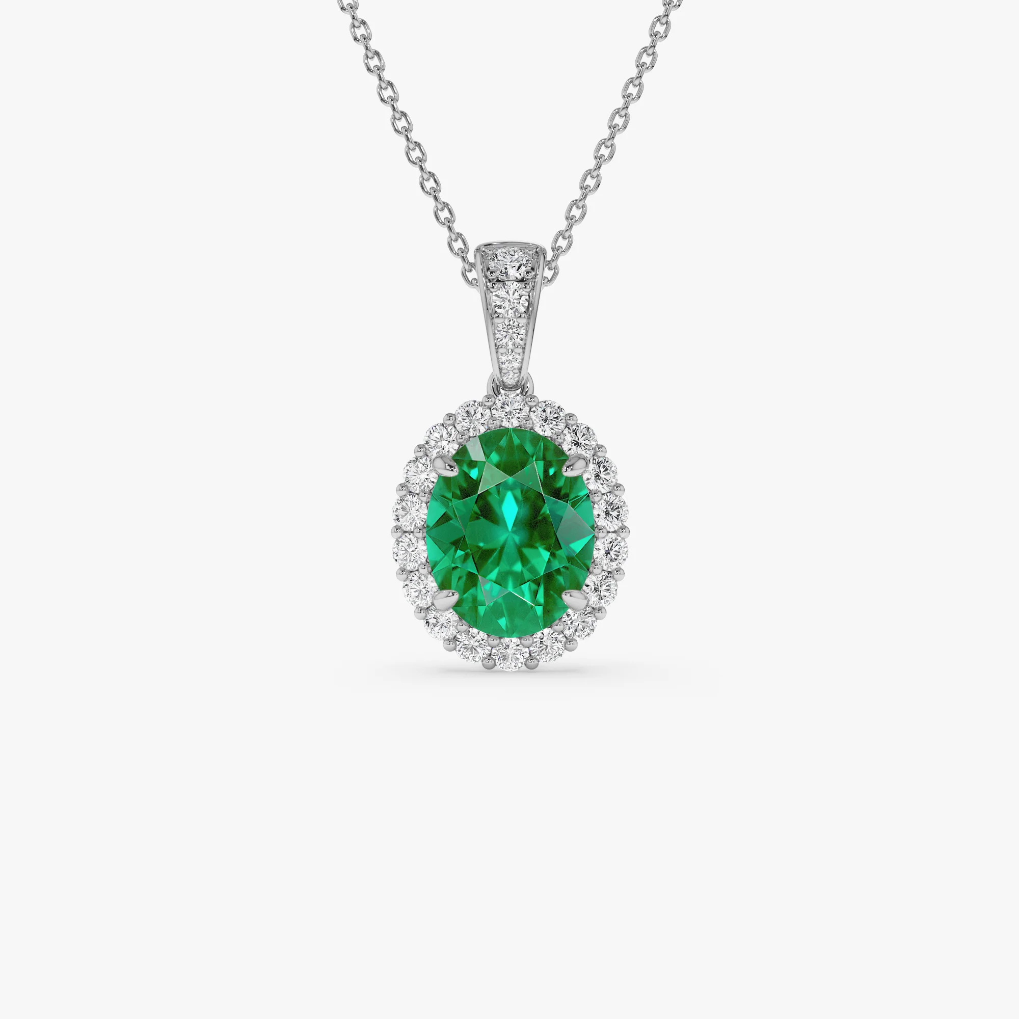 3.60 Ctw 14k Lab Grown Colombian Emerald and Diamond Halo Pendant Necklace - Aura - Image 7